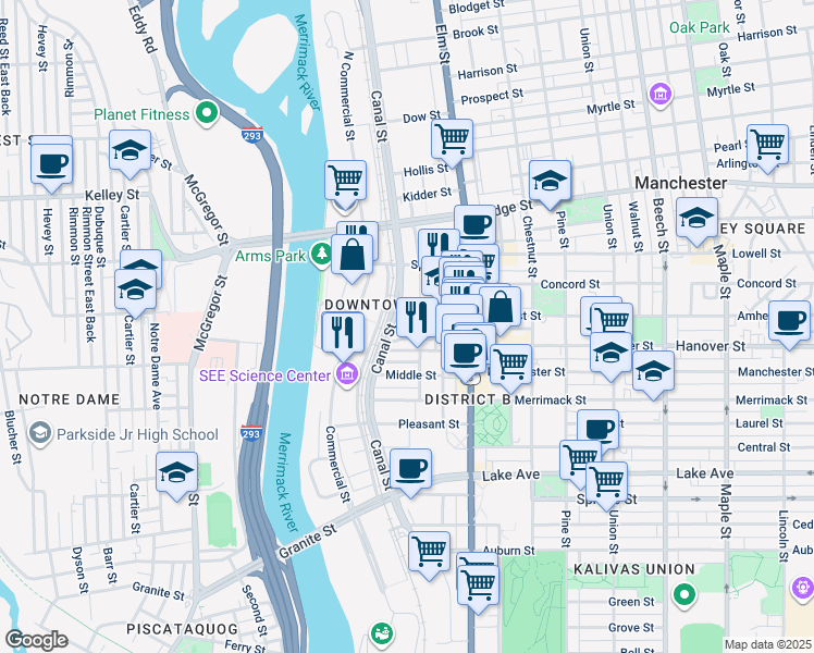 map of restaurants, bars, coffee shops, grocery stores, and more near 110 Stark Street in Manchester