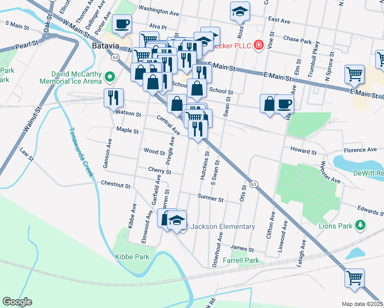 map of restaurants, bars, coffee shops, grocery stores, and more near 14 Goade Park in Batavia