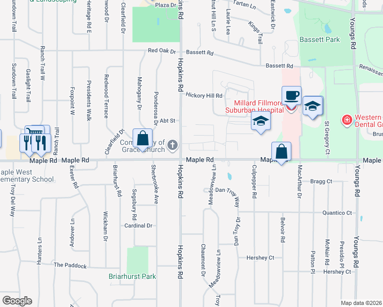 map of restaurants, bars, coffee shops, grocery stores, and more near 1350 Maple Road in Buffalo
