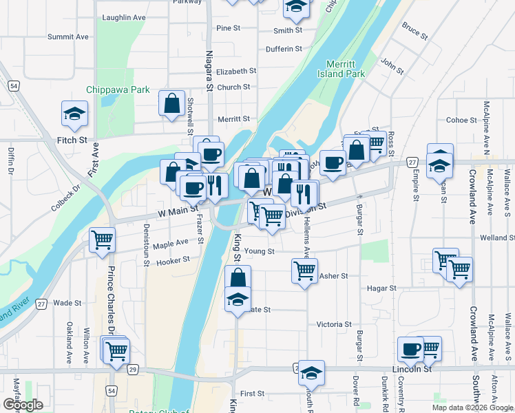 map of restaurants, bars, coffee shops, grocery stores, and more near 26 Division Street in Welland