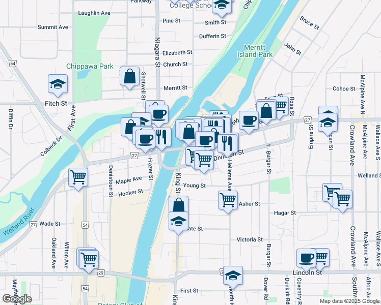 map of restaurants, bars, coffee shops, grocery stores, and more near 26 Division Street in Welland