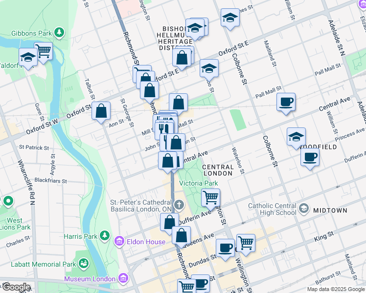 map of restaurants, bars, coffee shops, grocery stores, and more near in London