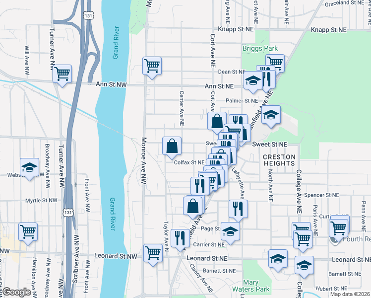 map of restaurants, bars, coffee shops, grocery stores, and more near 1571 Queen Avenue Northeast in Grand Rapids