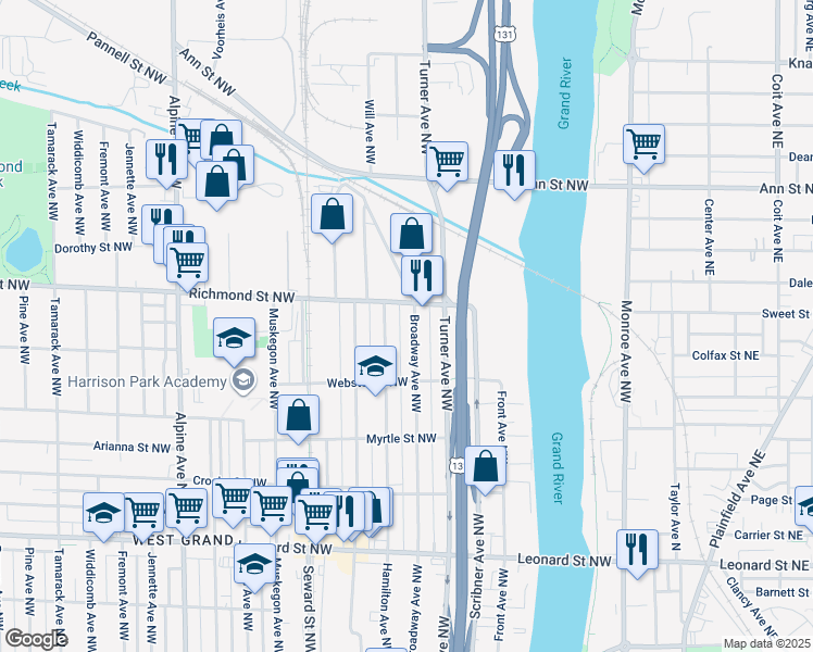 map of restaurants, bars, coffee shops, grocery stores, and more near in Grand Rapids