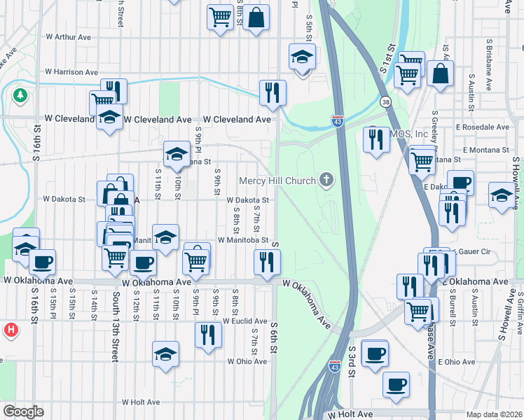 map of restaurants, bars, coffee shops, grocery stores, and more near 2917 South 6th Street in Milwaukee