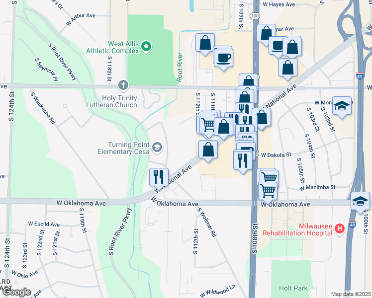map of restaurants, bars, coffee shops, grocery stores, and more near 11202 West National Avenue in West Allis