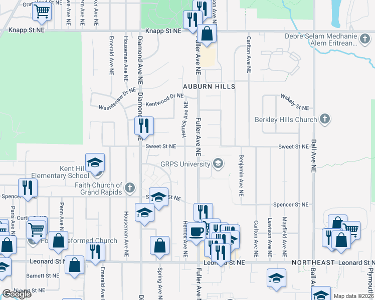 map of restaurants, bars, coffee shops, grocery stores, and more near 1562 Herrick Avenue Northeast in Grand Rapids