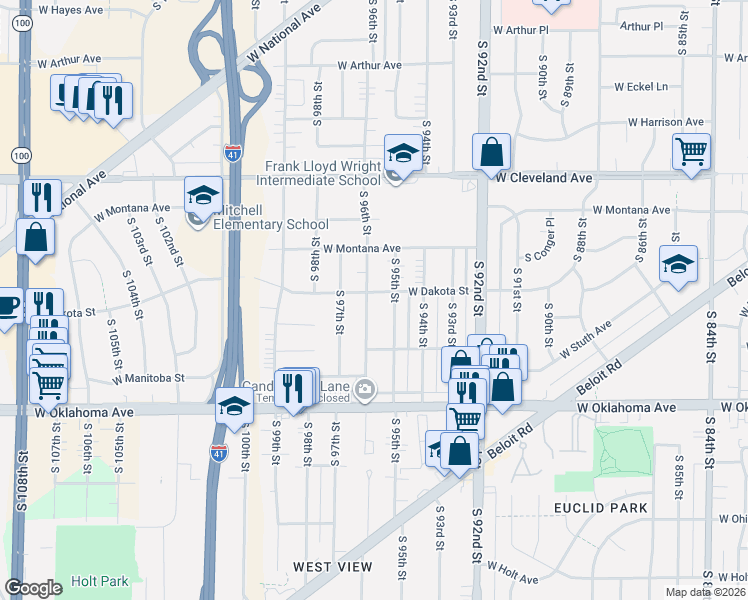 map of restaurants, bars, coffee shops, grocery stores, and more near 2906 South 96th Street in West Allis