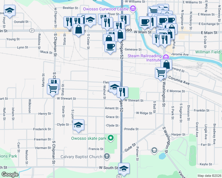 map of restaurants, bars, coffee shops, grocery stores, and more near 532 Ryan Street in Owosso