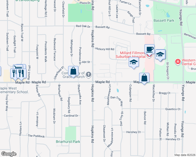map of restaurants, bars, coffee shops, grocery stores, and more near 1350 Maple Road in Buffalo
