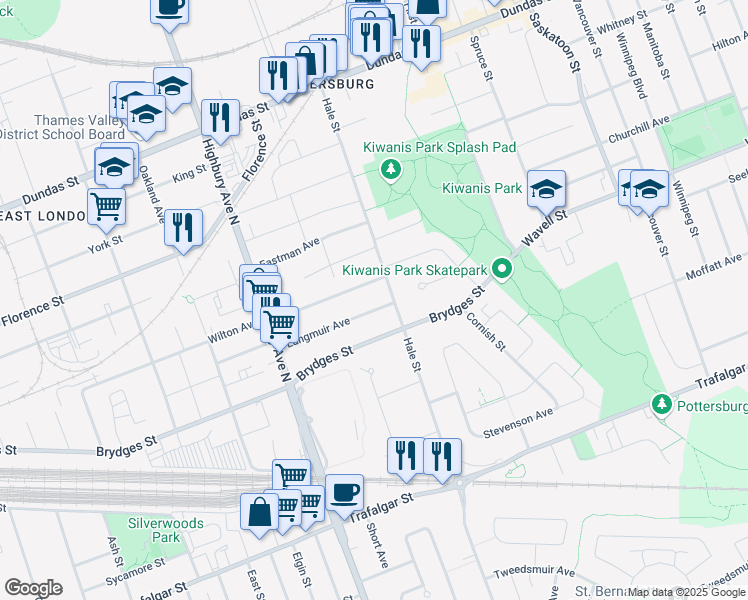 map of restaurants, bars, coffee shops, grocery stores, and more near 1366 Langmuir Avenue in London