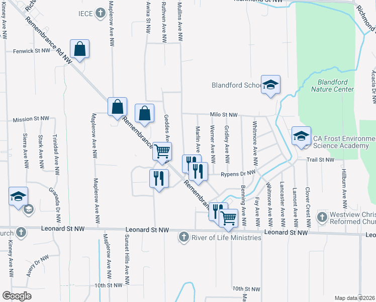 map of restaurants, bars, coffee shops, grocery stores, and more near 1472 Mullins Avenue Northwest in Grand Rapids