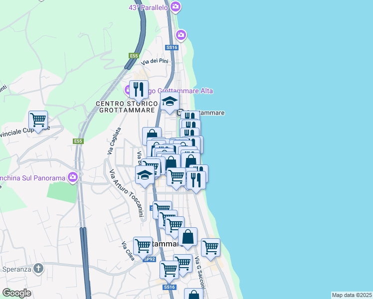 map of restaurants, bars, coffee shops, grocery stores, and more near 46 Via Roma in Grottammare