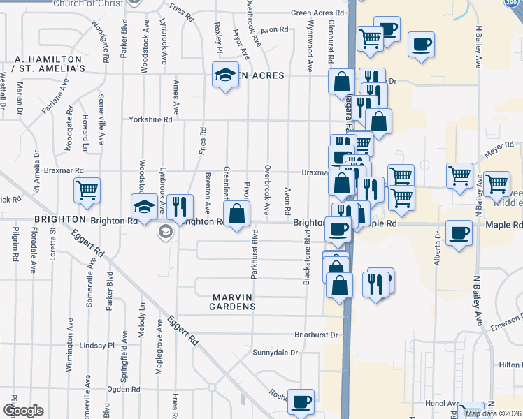map of restaurants, bars, coffee shops, grocery stores, and more near 18 Overbrook Avenue in Tonawanda