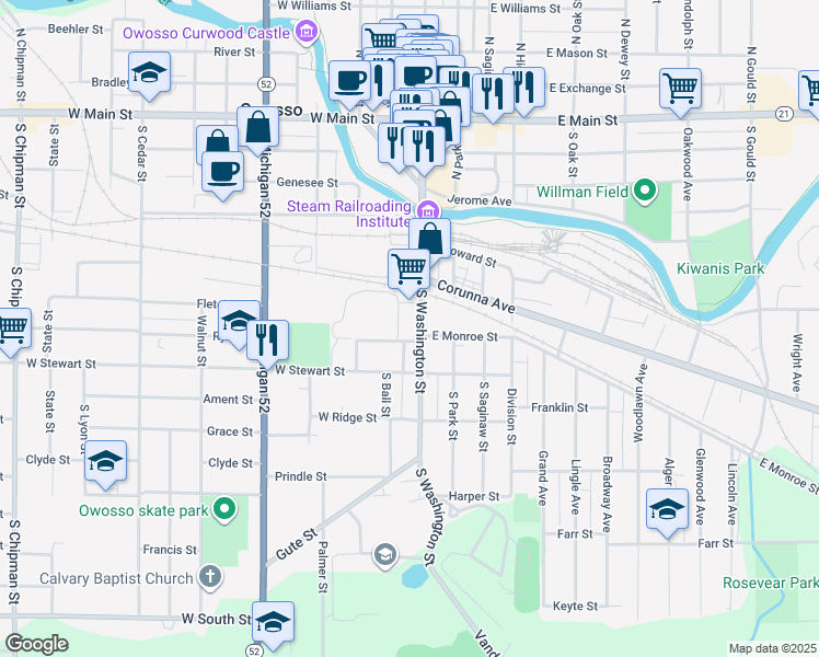map of restaurants, bars, coffee shops, grocery stores, and more near 620 South Washington Street in Owosso