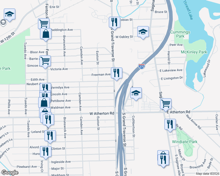 map of restaurants, bars, coffee shops, grocery stores, and more near 611 Vermilya Avenue in Flint