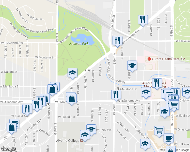 map of restaurants, bars, coffee shops, grocery stores, and more near 2924 South 38th Street in Milwaukee