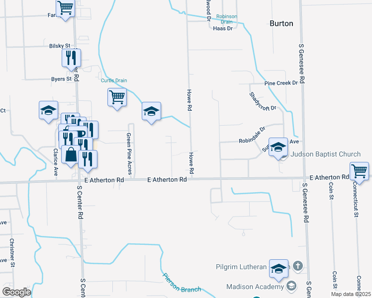 map of restaurants, bars, coffee shops, grocery stores, and more near 2456 Howe Road in Burton