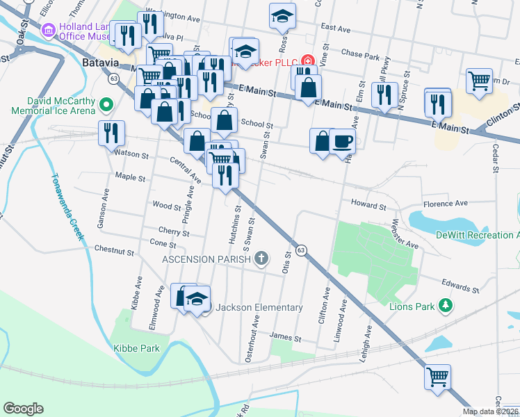 map of restaurants, bars, coffee shops, grocery stores, and more near 409 Ellicott Street in Batavia