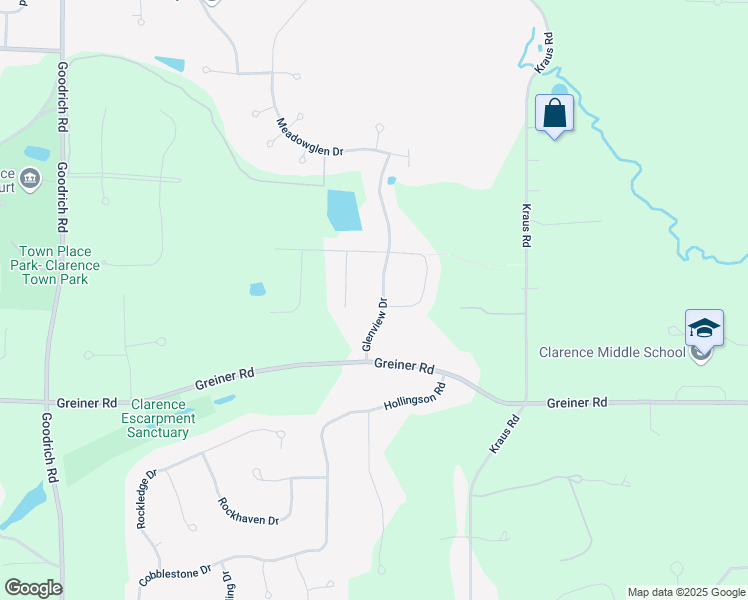 map of restaurants, bars, coffee shops, grocery stores, and more near 5340 Glenview Drive in Clarence