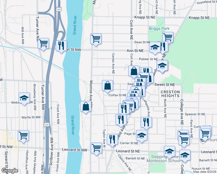 map of restaurants, bars, coffee shops, grocery stores, and more near 22 Sweet Street Northwest in Grand Rapids