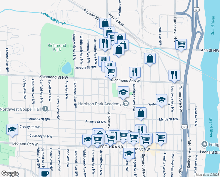 map of restaurants, bars, coffee shops, grocery stores, and more near 1522 Alpine Avenue Northwest in Grand Rapids