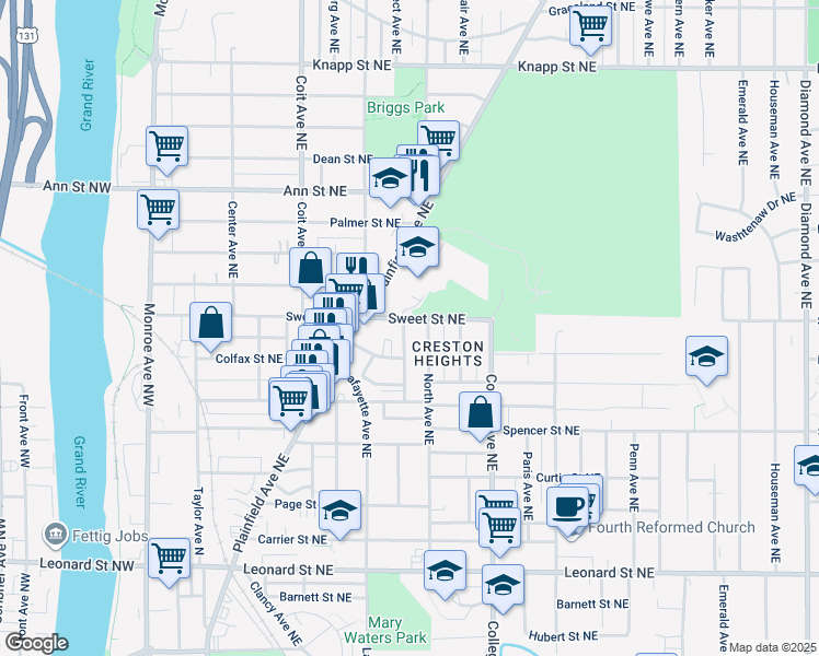 map of restaurants, bars, coffee shops, grocery stores, and more near 1574 Forrest Avenue Northeast in Grand Rapids