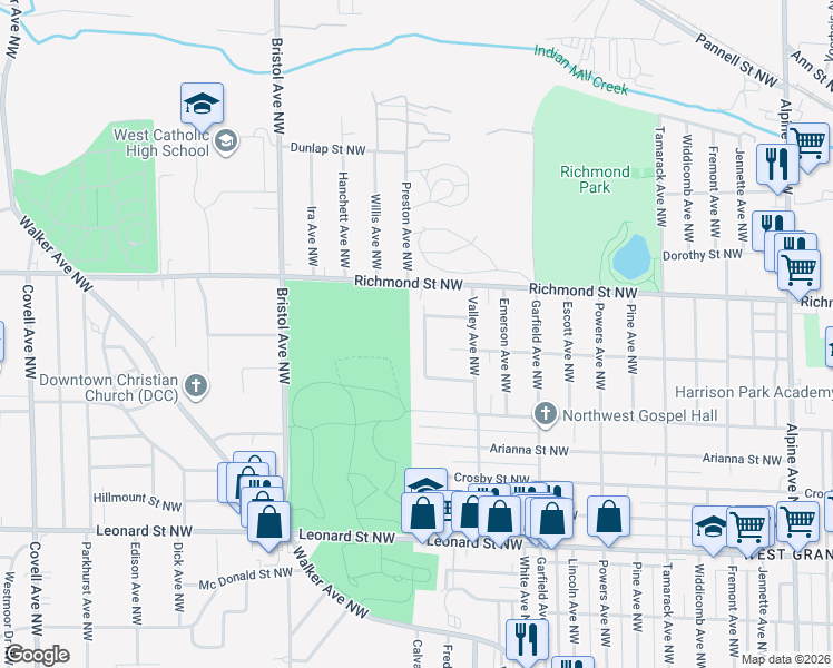 map of restaurants, bars, coffee shops, grocery stores, and more near 1511 Kenan Avenue Northwest in Grand Rapids