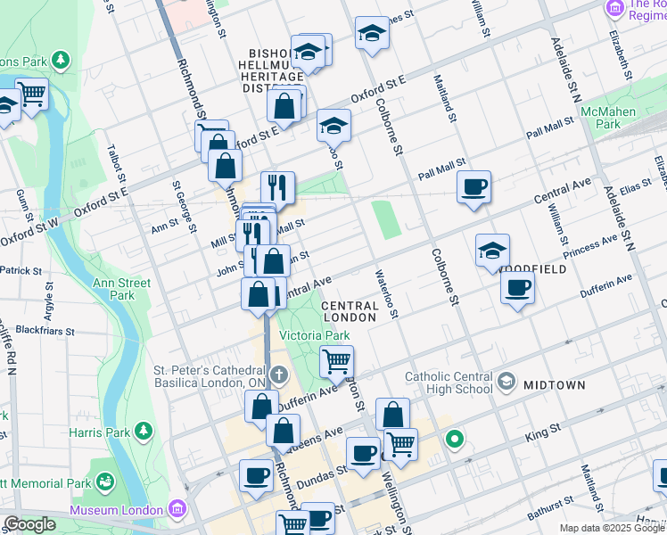 map of restaurants, bars, coffee shops, grocery stores, and more near 294 Central Avenue in London