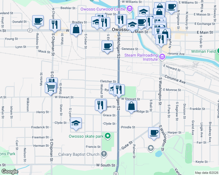 map of restaurants, bars, coffee shops, grocery stores, and more near 532 Ryan Street in Owosso
