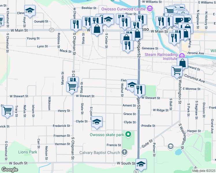 map of restaurants, bars, coffee shops, grocery stores, and more near 726 Ryan Street in Owosso