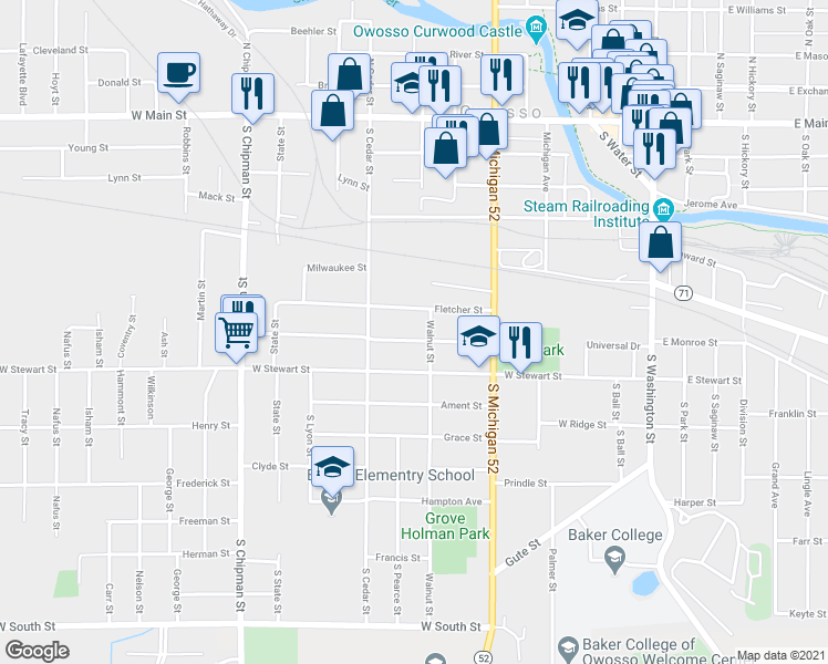 map of restaurants, bars, coffee shops, grocery stores, and more near 606 Ryan Street in Owosso