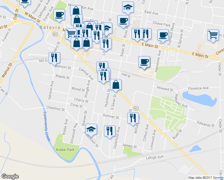 map of restaurants, bars, coffee shops, grocery stores, and more near 336 Ellicott Street in Batavia
