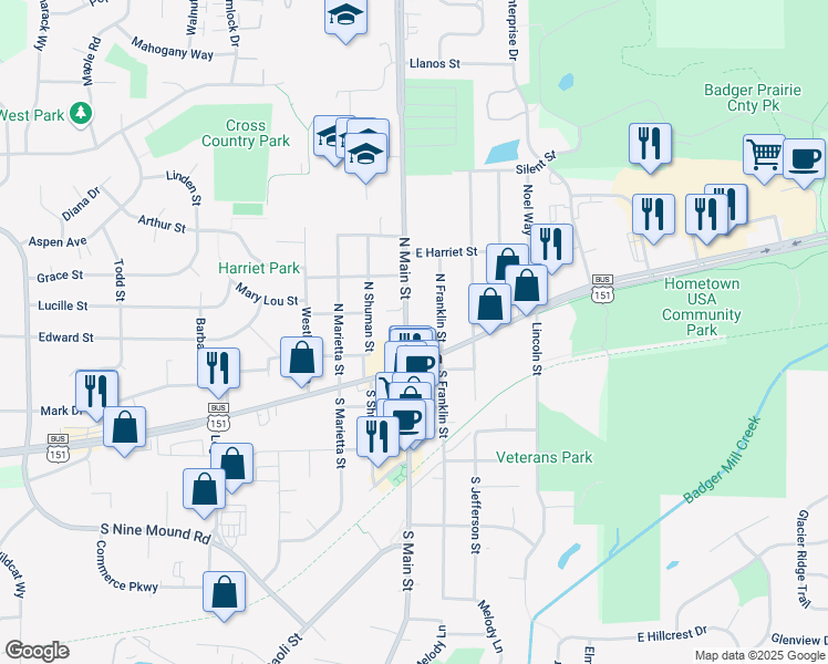 map of restaurants, bars, coffee shops, grocery stores, and more near 113 North Main Street in Verona