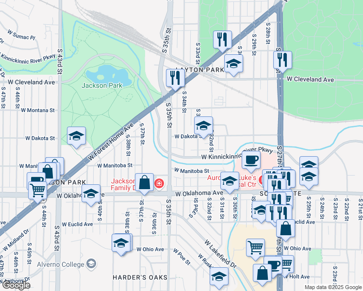 map of restaurants, bars, coffee shops, grocery stores, and more near 2925A South 34th Street in Milwaukee