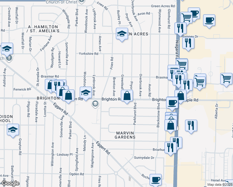 map of restaurants, bars, coffee shops, grocery stores, and more near 17 Brenton Avenue in Tonawanda