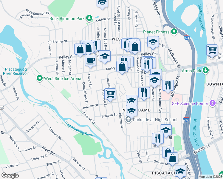 map of restaurants, bars, coffee shops, grocery stores, and more near 395 Bartlett Street in Manchester