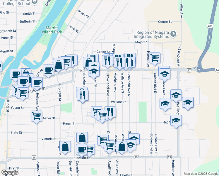 map of restaurants, bars, coffee shops, grocery stores, and more near 66 Crowland Avenue in Welland