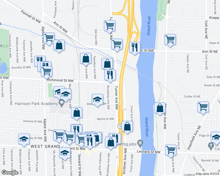 map of restaurants, bars, coffee shops, grocery stores, and more near 1556 Broadway Avenue Northwest in Grand Rapids