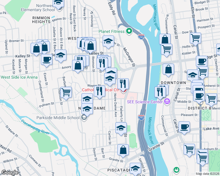 map of restaurants, bars, coffee shops, grocery stores, and more near 305 Cartier Street in Manchester