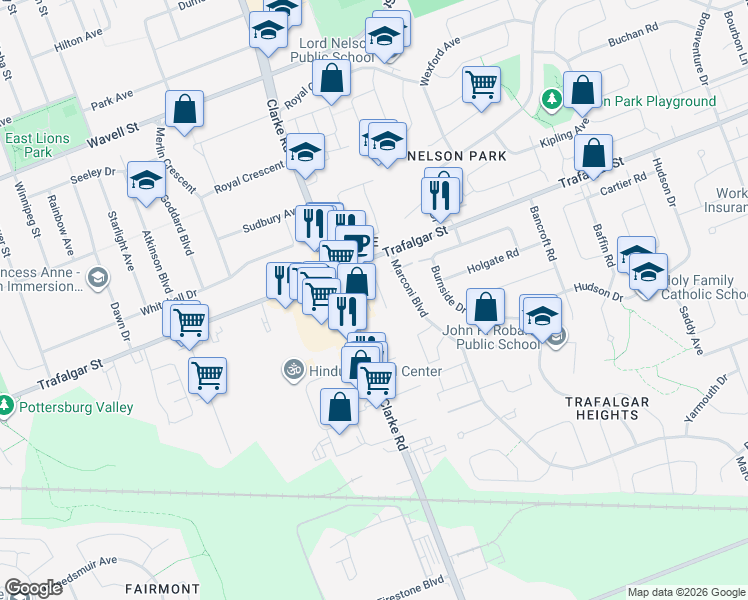 map of restaurants, bars, coffee shops, grocery stores, and more near 1919 Trafalgar Street in London