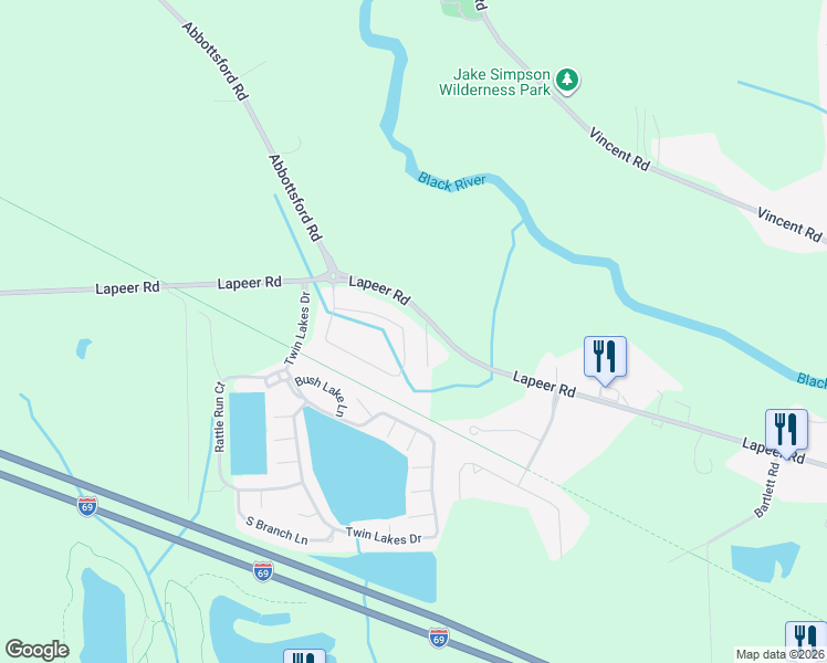 map of restaurants, bars, coffee shops, grocery stores, and more near 2986 East Bob White Drive in Smiths Creek