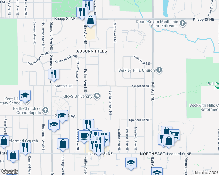 map of restaurants, bars, coffee shops, grocery stores, and more near 1330 Sweet Street Northeast in Grand Rapids
