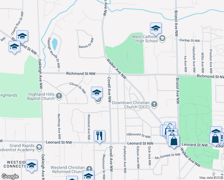 map of restaurants, bars, coffee shops, grocery stores, and more near 1504 Covell Ave NW in Grand Rapids