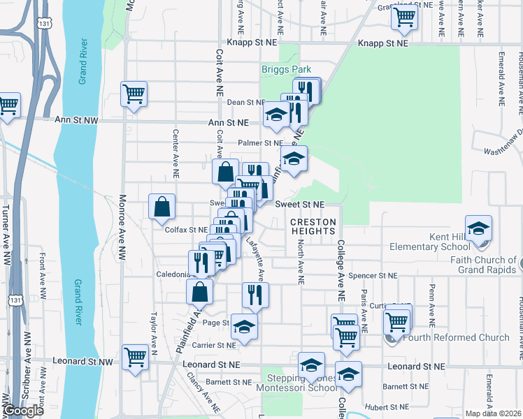 map of restaurants, bars, coffee shops, grocery stores, and more near 1594 Plainfield Avenue Northeast in Grand Rapids