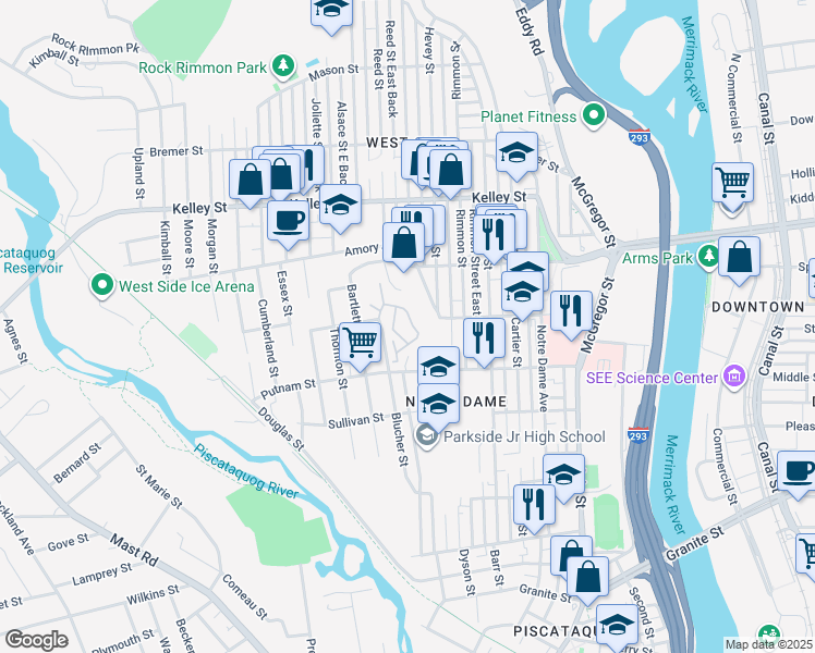 map of restaurants, bars, coffee shops, grocery stores, and more near 207 Valley West Way in Manchester