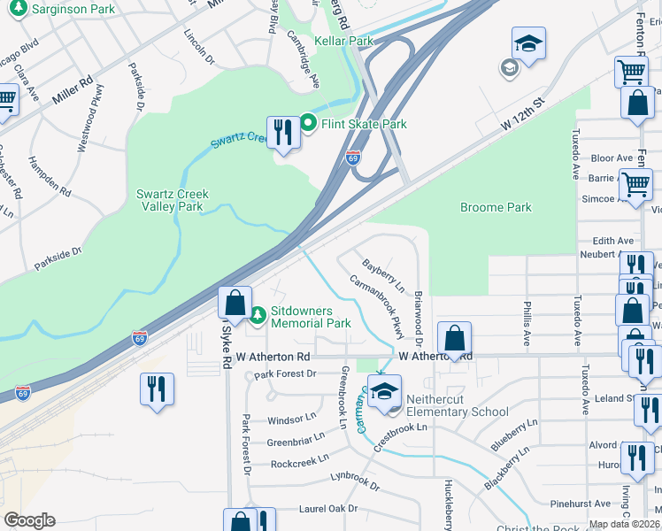 map of restaurants, bars, coffee shops, grocery stores, and more near 1935 Carmanbrook Parkway in Flint