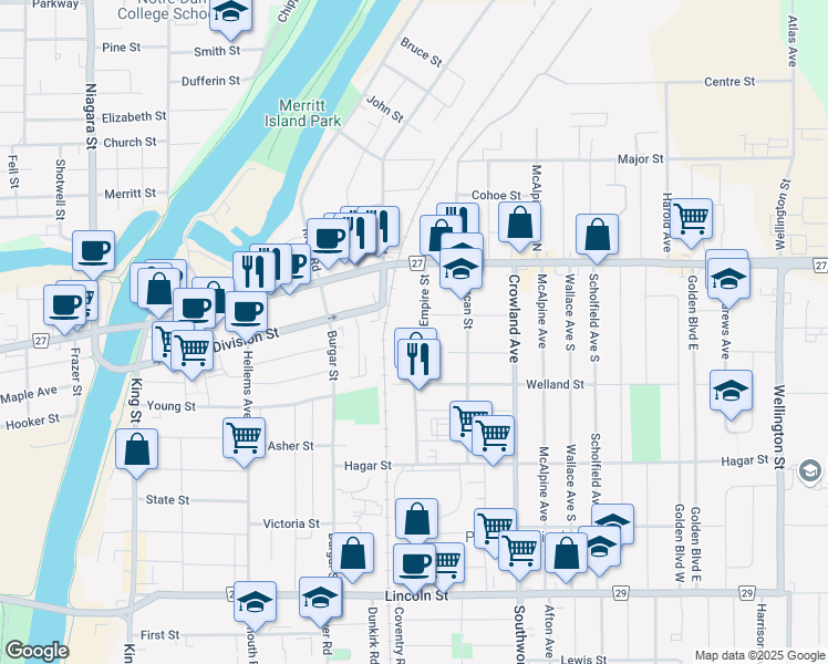 map of restaurants, bars, coffee shops, grocery stores, and more near 59 Empire Street in Welland