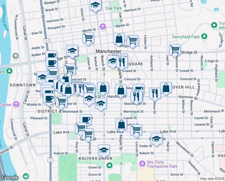map of restaurants, bars, coffee shops, grocery stores, and more near 313 Amherst Street in Manchester