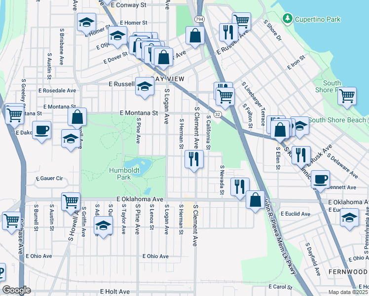 map of restaurants, bars, coffee shops, grocery stores, and more near 2930 South Herman Street in Milwaukee